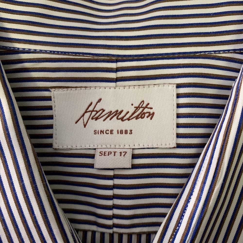 HAMILTON Size S Off White Blue & Brown Stripe Cotton Long Sleeve Shirt - Picture 4 of 4